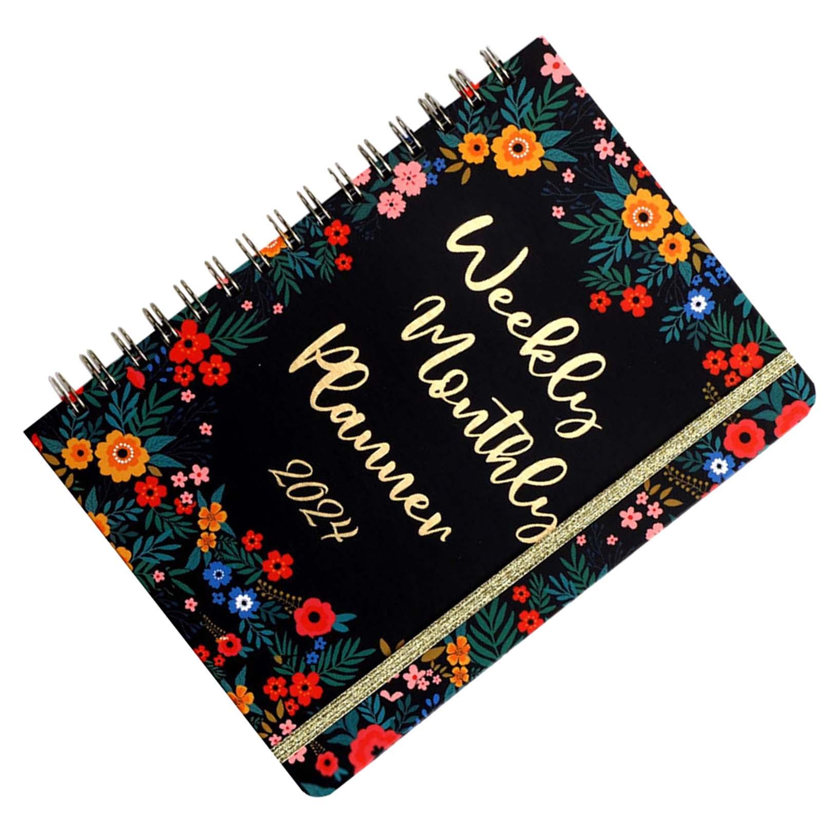 Almencla 2024 Weekly and Monthly Planner Goals Journal 60 Sheets A5 Wire Binding Portable Appointment Book New Year Notebook for Office Flowers Blossom